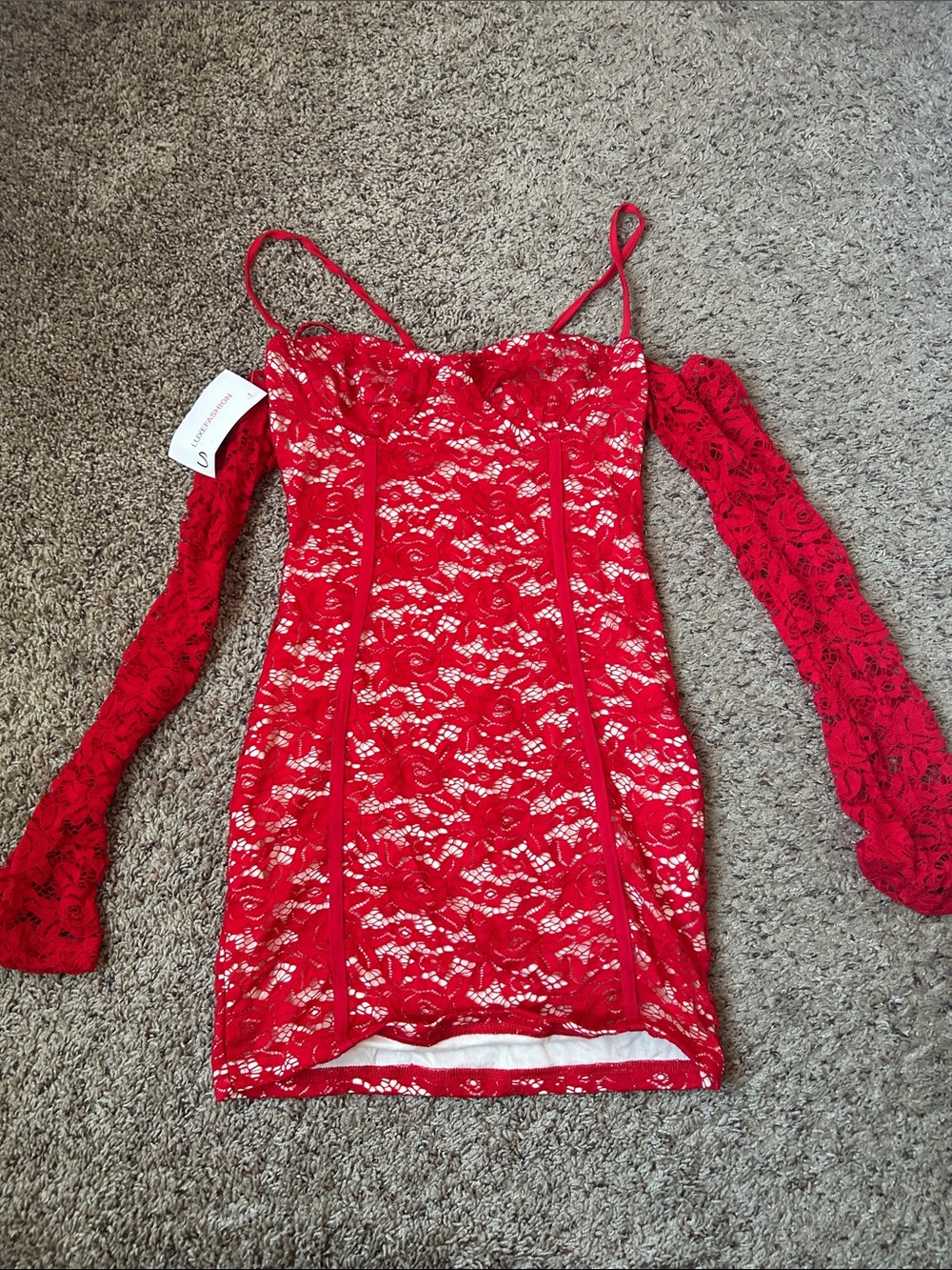 Luxe Fashionz Red Lace mini Dress with off shoulder Sleeves
